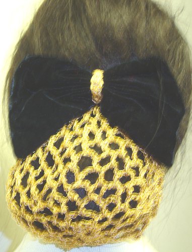 Sn72, Hand Crocheted Metallic Gold Gimp Dress Snood with Black Velvet Bow for Women and Teens