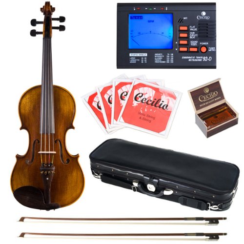 Cecilio CVA-600 Handmade Premium Flamed 1-Piece Back Ebony Viola with Tuner, Deluxe Case, 2 Bows, Rosin & Extra Set Strings - 16.5 inches