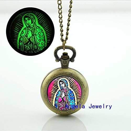 Pretty Lee Fashion Glow in The Dark Our Lady of Guadalupe Glowing Pocket Watch Necklace Glass Cabochon Jewelry