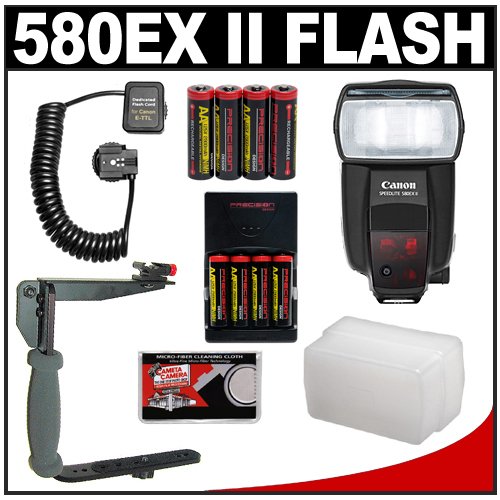 Canon 580EX II Speedlite Flash + 8 Batteries & Charger + Sto-Fen Omni-Bounce Diffuser + Precision Design E-TTL Flash Cord + Stroboframe 350 Flash Bracket for Canon EOS Rebel XT, XTi, XS, XSi, T1i, 50D, 40D, 5D SLR Digital Cameras