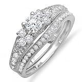1.10 Carat (ctw) 14k White Gold Round Diamond Ladies Bridal Ring Engagement Matching Wedding Band Set