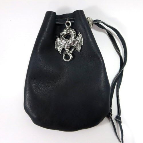Black Leather Drawstring Pouch with Flying Dragon Pewter Accent and Bead