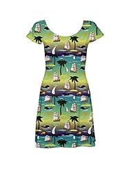 Polyester/Spandex Short Sleeves Stretchy Tropical Print Skater Dress 