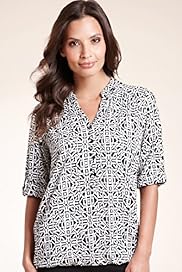 Open Neck Collar Geometric Print Blouse