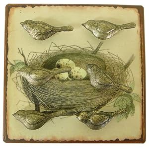 Metal Wall Plaque with 6 Gilt Bird Magnets