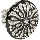 Art Deco Button Ring of Black Enamel and Crystals Silver Tone fits sizes 6 to 10