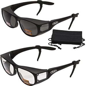 2 PAIRS - Escort Advanced System Safety Glasses Fits Over Most Prescription Eyewear - FREE Rubber EAR LOCKS and Microfiber Pouch! -MATTE Black Frame