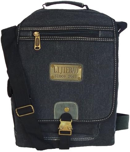 Military Inspired Compact Messenger Shoulder Bag Black Canvas