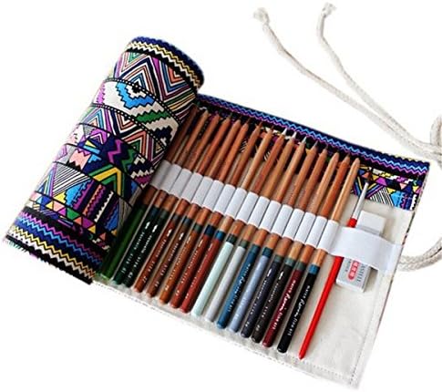 ZLMBAGUS Canvas Pencil Wrap, Pencils Roll Pouch Case Hold For 72 Colored Pencils ( Pencils are not included )-Bohemian,72 Holes