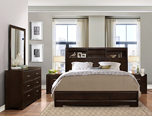 Roundhill Furniture Montana Modern 5-Piece Wood Bedroom Set with Bed, Dresser, Mirror, 2 Nightstands, Queen, Walnut