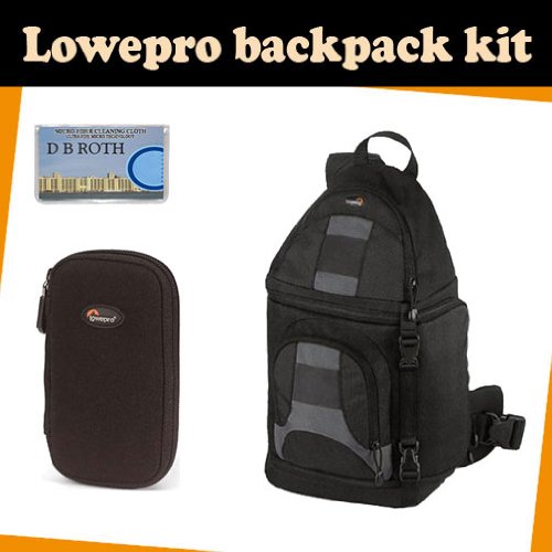 LowePro Backpack kit which includes the Lowepro Slingshot 200 All Weather Backpack (Black) + DMC-Z wallet for memory card(s), batteries, Mini DV tapes and more + DB ROTH Micro Fiber Cloth.