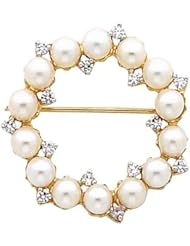 14K Yellow Gold Akoya Cultured White Pearl and Diamond Circle Brooch -- LIFETIME WARRANTY