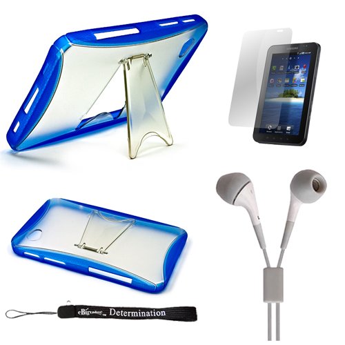 Blue Cradle Kickstand Protective High Quality Stand Alone Hard Shell TPU Skin Cover Case for Samsung Galaxy Tab Tablet + Includes a Durable Screen Protector + Includes a Crystal Clear High Quality HD Noise Filter Ear Buds