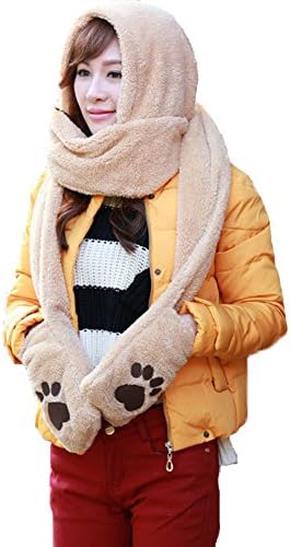 Girls Cotton Velvet Cashmere Feel Fashion Scarf and Hat Gloves 3 in 1 Set for Gifts Khaki