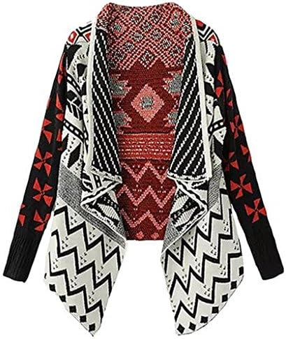 Tailloday Women's Aztec Draped Collar Tribasl Pattern Lapel Cardigan Sweater Black