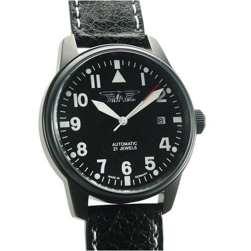 AVIATOR 41060-54-03 // Automatik Miyota 8215 // Edelstahlgehäuse schwarz // Mineralglas, Glasboden // 10 atm wasserdicht, Lederband