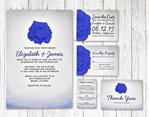 Trendy Floral Royal Blue Wedding Invitations Suite (Invite, RSVP, Save the Date, Info &amp; Thank You Cards)