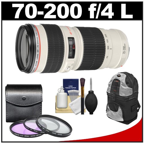 Canon EF 70-200mm f/4 L USM Zoom Lens with Backpack Case + 3 (UV/FLD/CPL) Filters + Cleaning Kit for EOS 6D, 70D, 7D, 5D Mark II III, Rebel T3, T3i, T4i, T5i, SL1 DSLR Cameras On Sale