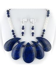 Blue Lapis Petals Freshwater Pearl Sterling Silver Necklace Earrings