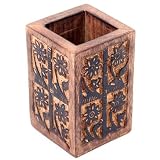 Wooden Pencil Holder with Carved Flower Design