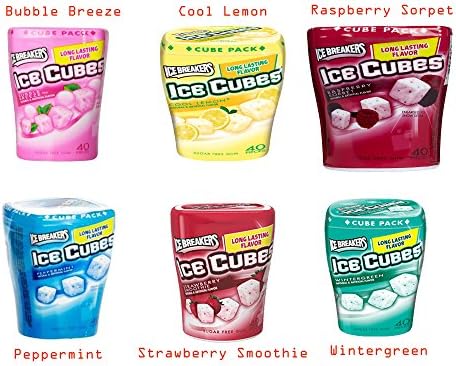 Ice Breakers Ice Cubes Sugar Free Gum Collection of Six [ Cool Lemon , Artic Grape , Strawberry Smothie , Bubble Brezze ] (6 of 40 Pieces)
