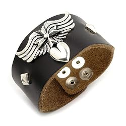 8.5 Inch Mens Black Leather Heart, Cross and Wings Bracelet