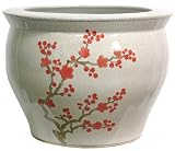 Asian Design Planter Pots - 14" Cherry Blossoms on Ice Crackle Ivory Porcelain Pottery Fishbowl