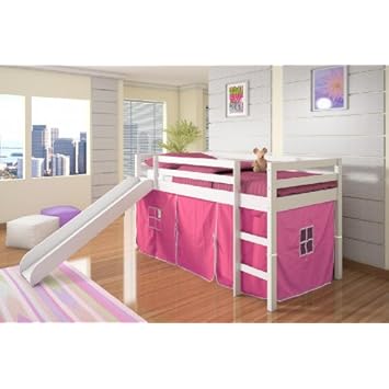 Twin Tent Loft with Slide and Slat-Kits in White with Pink Tent