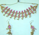 Js24, Simulated Semiprecious Ruby Stone Antique Gold Plated Necklace and Matching Ear Rings for Women and Teens