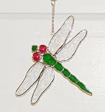 Green Dragonfly Stained Glass Suncatcher with Shepherds Hook