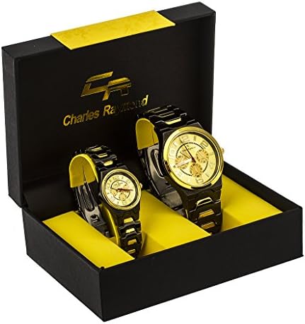 Charles Raymond "Big Digit Chronograph Look" His and Hers Watch Set with Hematite and Goldtone Metal Band & Goldtone Face