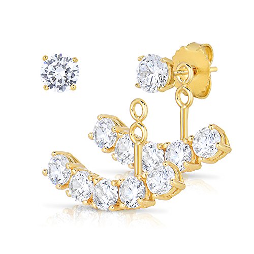 14K Gold Plated Sterling Silver Front Back 2 in 1 CZ AAA Quality Stud and Ear Jacket Cuff Earrings Set