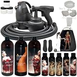 Complete Turbo Tan Deluxe (Model T75) Professional Sunless HVLP Turbine Spray Tanning System that also includes 1 Quart of Belloccio Pre-Tan Body Prep Spray Solution, 1 Quart of Belloccio SIMPLE TAN 8% DHA Sunless Tanning Solution with Medium Bronzer Guide, 1 Quart of Belloccio Post-Tan Spray Solution , Belloccio 5 Solution Variety Pack, Spray Tanning Tent Booth, and Full Tanning Accessories Kit