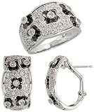 14k White Gold Dome Diamond Floral Ring & French Clip Earrings Set, w/ 0.98 Carat Brilliant Cut Diamonds
