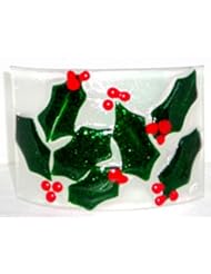 Guild Product: 8" x 6" Sherwood Glassworks Fused Glass Holly and Berries Aventurine Green Christmas Candle Shelter