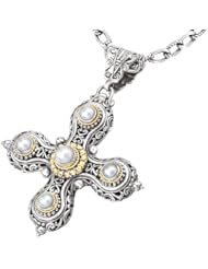 925 Silver, Freshwater Pearl Cross Pendant with 18k Gold Accents