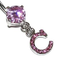 Pierced & Modified Body Jewellery Navel Bars Pink Crystal Initial Dangle Belly Bar C