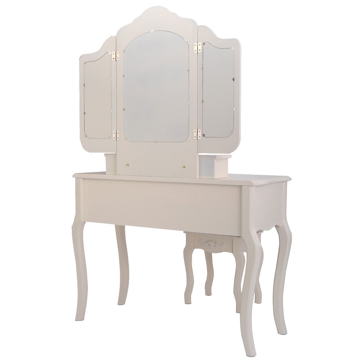 Tri Folding Vintage White Vanity Makeup Dressing Table Set 5 Drawers &stool