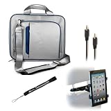 eBigValue SILVER WITH BLUE TRIM Travel Smart Carrying Case with Optional Adjustable Shoulder Strap // Airport Check-Point-Friendly // For ViewSonic ViewPad 10e 10 inch + Includes a 3.5mm Stereo Audio Cable (6 feet) + Includes Headrest Mount Complete 360 Degrees Rotation + Includes an eBigValue TM Determination Hand Strap Key Chain