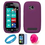 Purple Soft Smooth Silicone Protective Skin Cover For T-Mobile Nokia Lumia 710 Nokia Windows Phone + Clear Screen Protector + Pink Rubber Suction Stand + SumacLife TM Wisdom*Courage Wristband