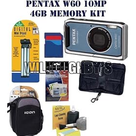 Pentax Optio W60 Digital Waterproof Camera Kit, Blue with 4 GB SD Memory Card, Table Top Tripod, Camera Case, Professional Lens Cleaning Kit, USB 2.0 SD Card Reader, Digital Memory Wallet