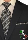 Berioni Hand Made in Italy 100% Woven Silk Mens Neck Tie + Pocket Square Jacquard Woven Tie and Hanky Set Silver Black O1