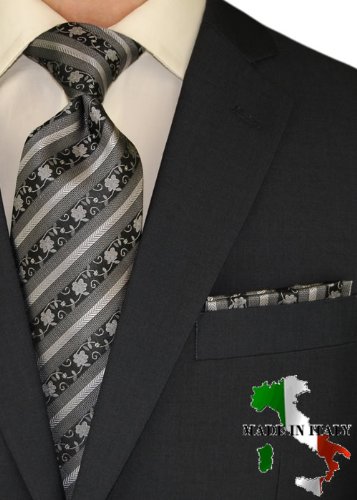 Berioni Hand Made in Italy 100% Woven Silk Mens Neck Tie + Pocket Square Jacquard Woven Tie and Hanky Set Silver Black O1