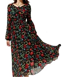 Chiffon Floral Print Full Length Long Sleeves  Shirt Evening Dress 