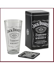 Kitchen: Jack Daniels Gift Set: Tall 20oz Cocktail Mixing Glass, Rubber Coaster and Jack Daniels Collectible Tin Container, Officially Licensed Jack Daniels Barware - ACE Products