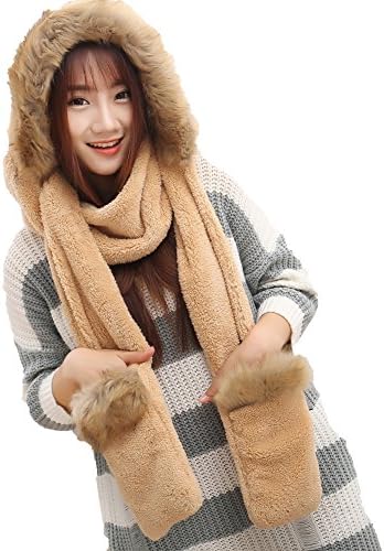 Fashion Land Girls Winter Cotton Velvet Fur Collar Hat Scarf Gloves Set 3 in 1 Gift Khaki