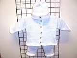 Cpk641, Knitted on Hand Knitting Machine Finished By Hand Crochet White and Blue Tweed Infant Boys Cardigan Pant Hat Set Trimmed with Antique Brass Teddy Bear Buttons