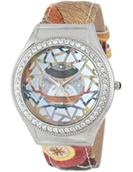 Gattinoni Womens 202848SA13-44B Mosaic Stainless Steel Planetarium Textured Leather Strap Swarovski Crystal Watch