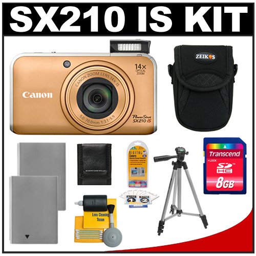 Canon PowerShot SX210 IS 14 MP Digital Camera with 14x optical Zoom (Gold) with 8GB Card + (2) Batteries + Case + Tripod + Accessory Kit