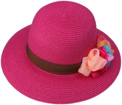 Bigood Sun Beach Floppy Bowler Derby Hat Wide Brim Straw Cap Flower Red